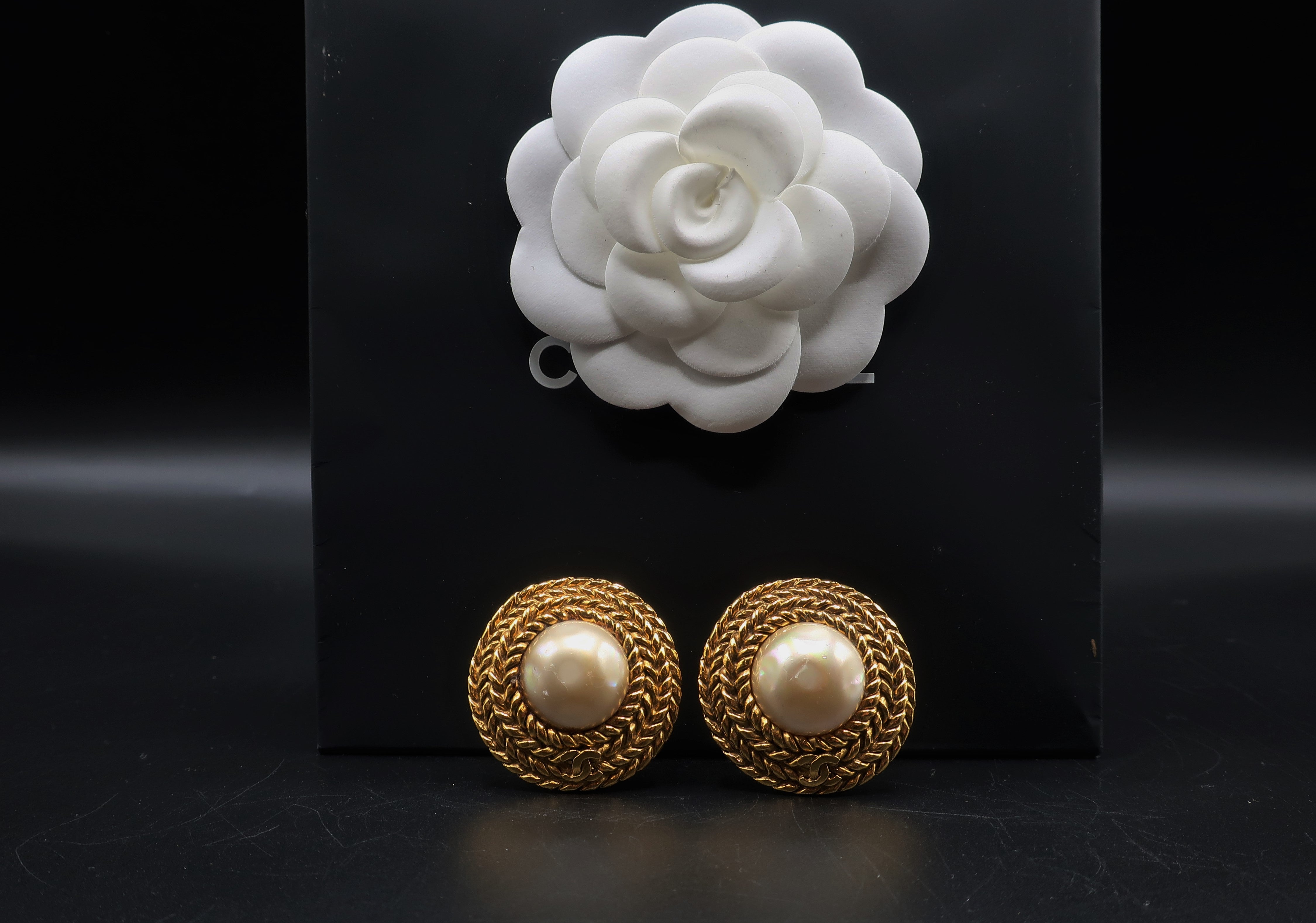 CHANEL Vintage Classic Braided Gilt Metal Pearl Clip-On Earrings