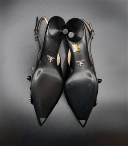 Prada Black Studded Kiltie Slingback Shoes