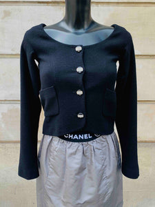 black cropped chanel jacket in black with rhinestones buttons good condition