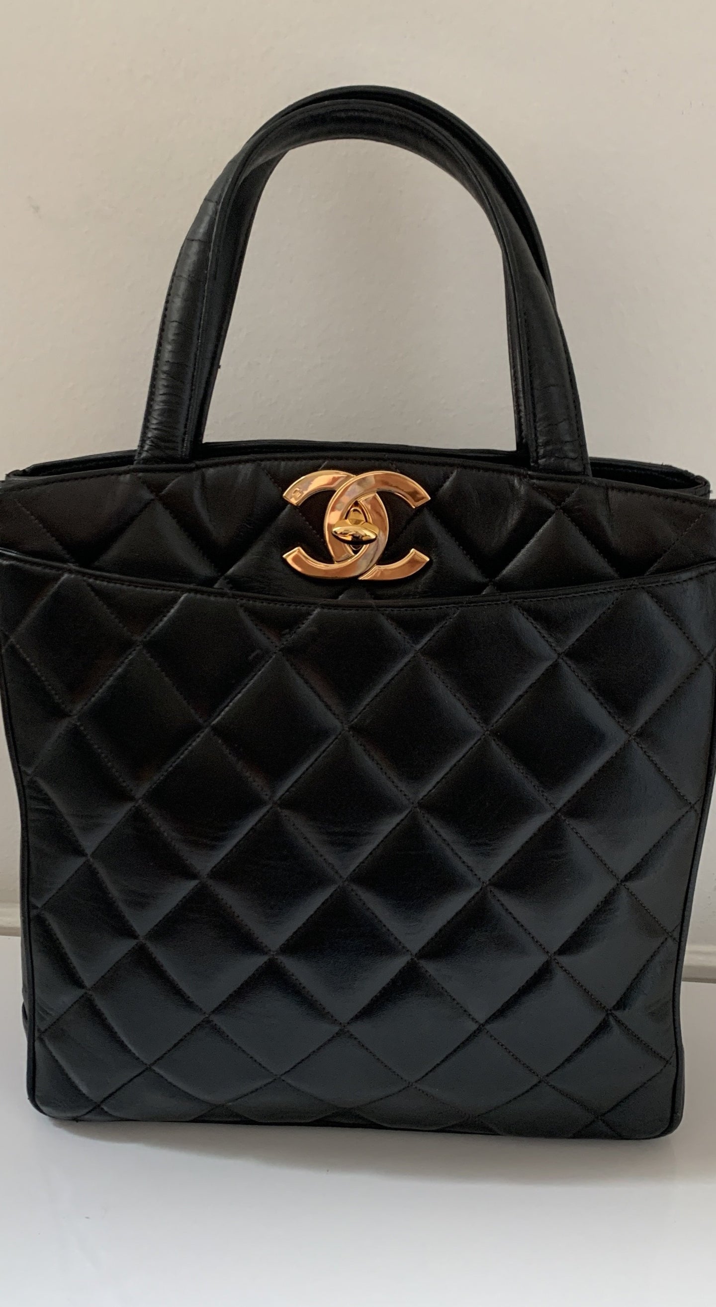 Vintage Chanel quilted tote bag black with gold metal hardware , very good condition